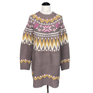 Bluivy Fair Isle Sweater Dress Women M/L Boho Nordic Christmas Winter Cozy Taupe